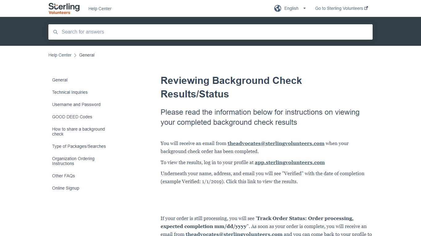 Reviewing Background Check Results/Status - Sterling Volunteers